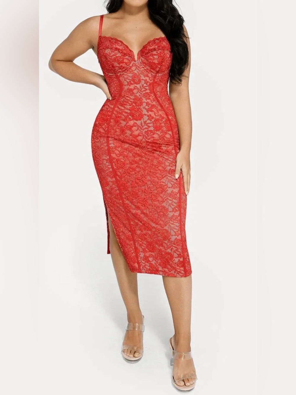 Popilush Red Lace Midi Skirt - Elegant Women's Pencil Skirt new Large